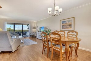 Bright, open living room and dining room area