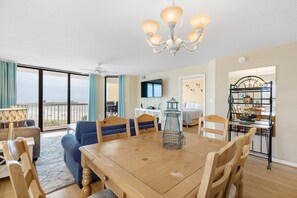 Dining area overlooking living room