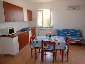 The kitchen with microwave oven and air conditioner