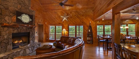 Elegant Great Room featuring All-Wood Interior and Beautiful Window-Wall Views