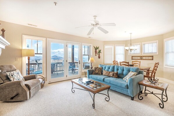 Living Room--- Cozy Fireplace, TV, Mountain View 