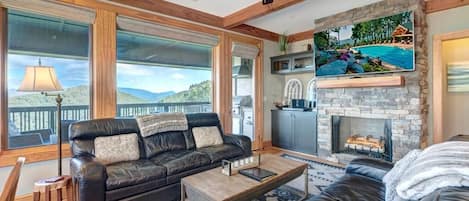 Living Room--- Cozy Fireplace, TV, Mountain View 