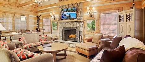 Living Room--- Main Level, Cozy Log Fireplace 