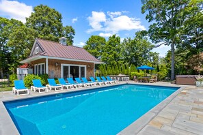Heated pool, spa, outdoor dining and a fire pit.