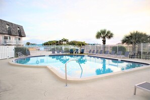 Beautiful, spacious oceanfront heated pool with a great view.