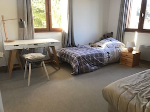 grande chambre avec un canapé clic clac et un lit une place