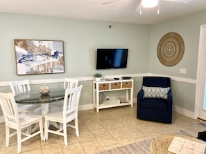 Comfortable glide swivel rocker to watch tv or turn and look at the ocean!