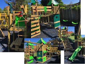 Climbing frame with bridges, slides, swings, table & bench!