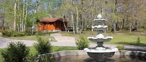 View of the cabin from the fountain