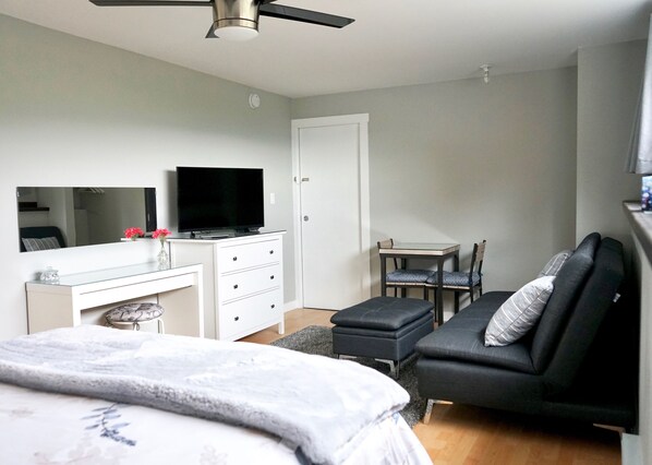 Comfortable bedroom, living room space. 