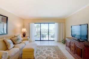 living room with brand new flat screen TV