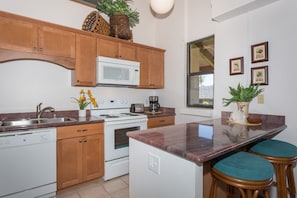 updated and well equipped kitchen