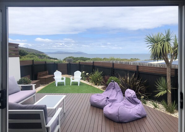 Sunny  front deck with ocean views 