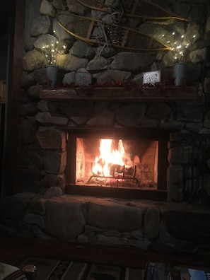 Fieldstone wood fireplace 