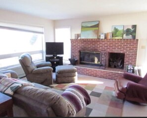 Living area with fireplace and plenty of firewood. TV with basic cable. 