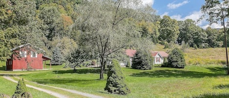 View of the property from the bottom of the driveway, the garage to the left is the biker's loft apartment which is also available if you'd like to rent that space separately.