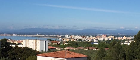 Vue de la terrasse sur la baie de Rosas, l'oliveraie, le Canigou et montagnes.