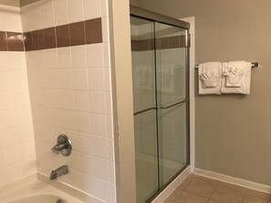 Shower glass door in en-suite master bathroom was recently installed