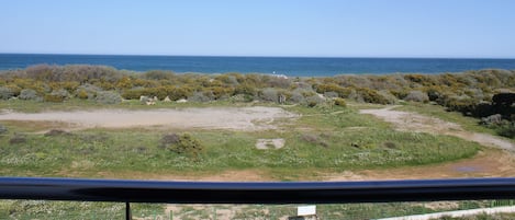 Vue de la chambre. La plage est derrière les dunes protégées du littoral. 