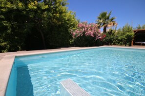 PISCINE à Fond  Plat
Intérieur Faïence 
Margelles  en Granit  et Terrasse Bois !