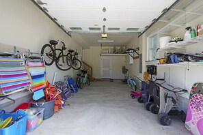 Garage View, bikes and beach equipment
