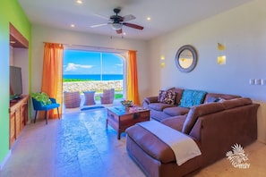 Ocean view living area with Cable TV