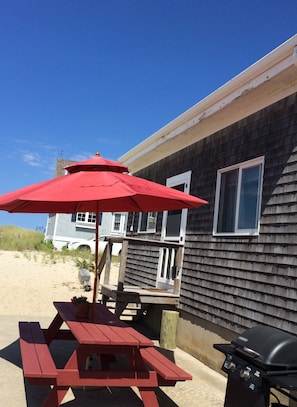 Picnic Table, Umbrella and Grill on Patio