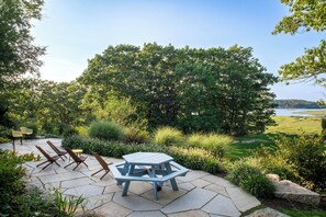 New patio with panoramic view of our lawn and miles of beautiful marshes