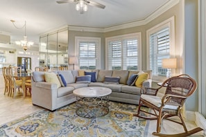 Open floor plan with kitchen, dining area and family room