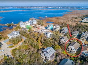 Aerial view of house and teh sound  looking north toward Surf City Bridge. 