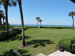 Walk 25 seconds to the Beach between the two Palm Tree's from your Patio!