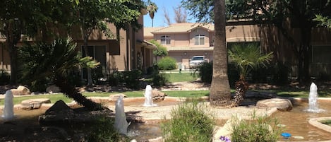 This is your view of the fountains and gardens directly from your private patio.