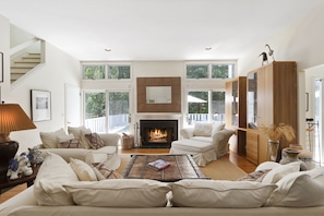 Gracious living room; high ceiling