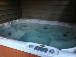 5 person private hot tub looking out on to forested area