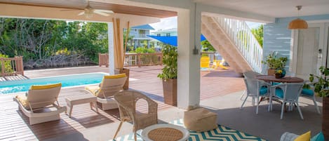 Large outdoor deck with inviting pool