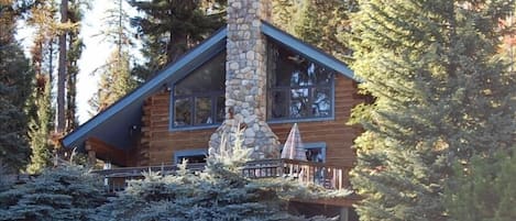 Cabin from Payette Lake - large river rock fireplace and deck with views