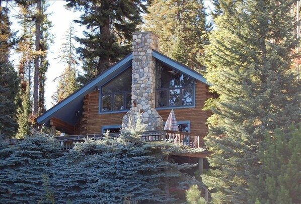 Cabin from Payette Lake - large river rock fireplace and deck with views