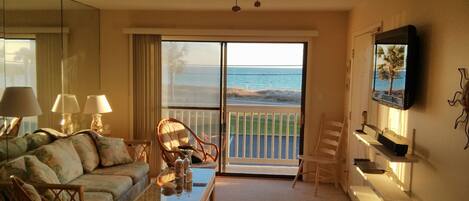 Enjoy an unobstructed gulf view from the living room with pull-out sofa