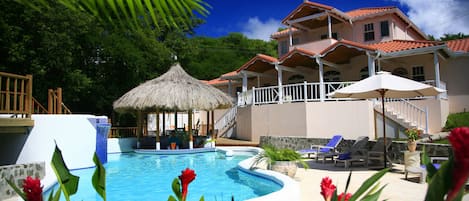 Fabulous Ocean View Pool area, Tiki Swim-up Bar and  Veranda.  Very private.