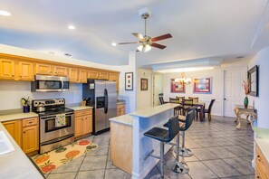 Kitchen - fully equipped and stocked with dishes and some spices.