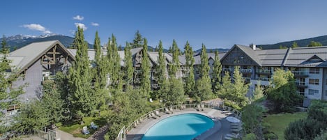 Year-round heated outdoor swimming pool viewed from our deck