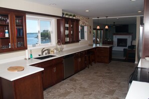 Large kitchen looking out to the lake.