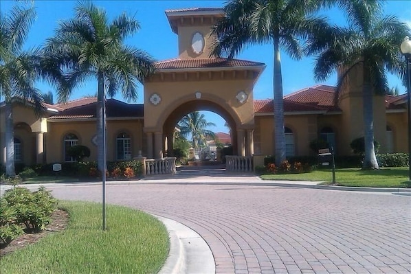 Entrance to condo complex gated.