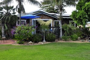 View from yard onto deck.
