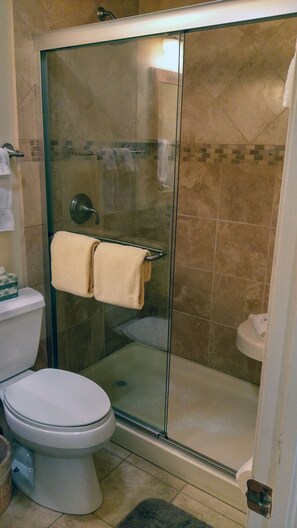 Master bathroom walk-in shower with seat