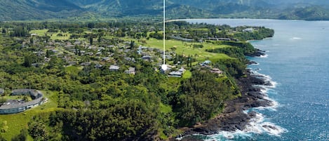 Whale Hale Aerial View with House Pinpointed on the Princeville Bluff