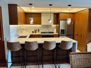 Newly renovated kitchen (9/24) is well equipped for cooking and baking needs.