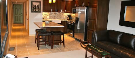 Gourmet Kitchen, Stainless steel appliances, granite counter tops, Island seats