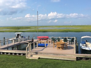 Waterfront view from rooftop deck. Large fixed dock + floating dock for swimming
