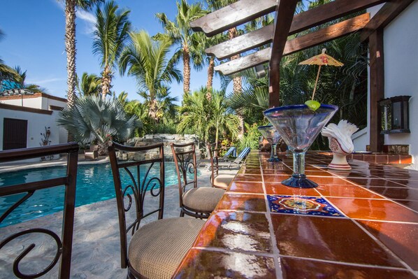Heated Pool/ bar with rock waterfall feature